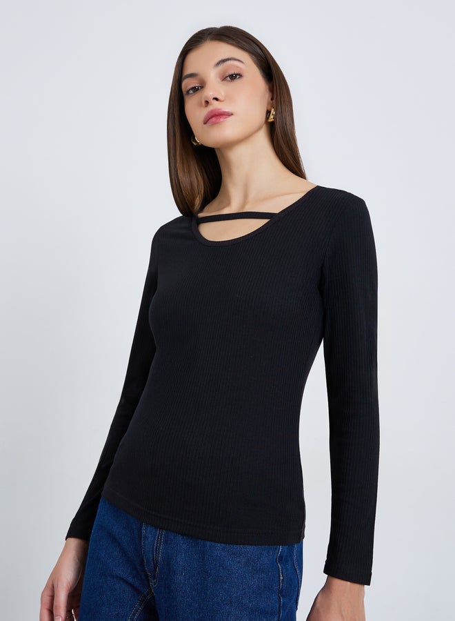 Styli Women Black Long Sleeve Cutout Knit Top - Image 3